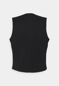Schwarze ärmellose Weste mit glatter Textur, taillierter Form und klaren Linien. Verfügt über einen hohen Halsausschnitt und keine sichtbaren Verschlüsse oder Muster.