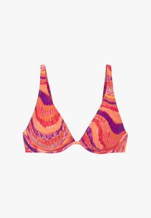 Dreieckiger Bikini-Oberteil mit lebendigen orange, pink und lila gewellten abstrakten Mustern sowie breiten Schulterträgern.