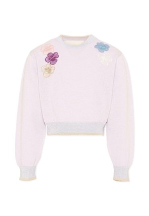 Maglione corto di colore lilla chiaro con maniche lunghe a sbuffo e fiori multicolori ricamati vicino allo scollo.