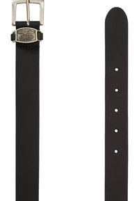 Zwarte leren riem met een zilverkleurige metalen gesp met reliëfdetails en meerdere verstelgaten langs de band voor de juiste maat.