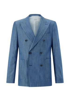 Doppelreihiger blauer Blazer mit Spitzenrevers, vier schwarzen Knöpfen, zwei unteren aufgesetzten Taschen und einer Brustleistentasche vor weißem Hintergrund.