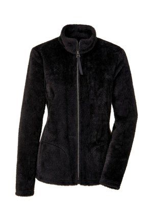 Giacca in pile nera con chiusura integrale con zip, collo alto e maniche lunghe, caratterizzata da una texture morbida e vellutata e tasche frontali.