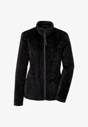 Giacca in pile nera con chiusura integrale con zip, collo alto e maniche lunghe, caratterizzata da una texture morbida e vellutata e tasche frontali.