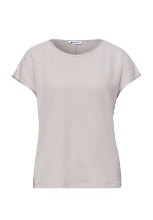 Blusa para mujer de manga corta color beige claro con escote redondo y tela ligeramente texturizada, mostrada sobre fondo blanco.