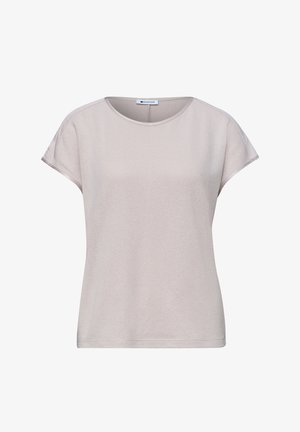 Blusa para mujer de manga corta color beige claro con escote redondo y tela ligeramente texturizada, mostrada sobre fondo blanco.