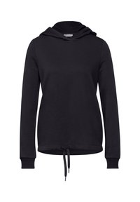 Schwarzer Kapuzenpullover mit Kordelzug, langen Ärmeln und weicher Textur. Einfaches Design mit gerippten Bündchen und Saum.
