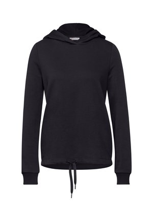 Black hooded sweatshirt featuring a drawstring, long sleeves, and soft texture. Simple design with ribbed cuffs and hem.