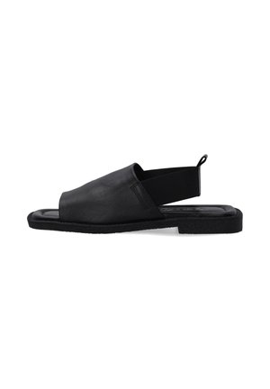 Schwarze Leder-Sandalen mit offener Zehenpartie und Slingback-Design. Merkmale sind eine strukturierte schwarze Gummisohle und ein glattes Obermaterial mit minimalen Akzenten.