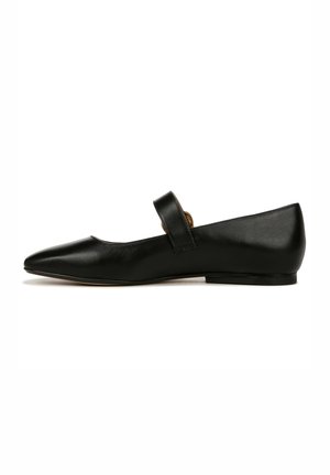 Black leather flats with a pointed toe and a single adjustable strap across the instep. Smooth texture and flat sole.