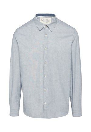 Himmelblaues Hemd mit langen Ärmeln, strukturiertem Stoff, einem Kragen und subtilen weißen Mustern. Vorderleiste mit weißen Knöpfen.