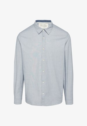 Himmelblaues Hemd mit langen Ärmeln, strukturiertem Stoff, einem Kragen und subtilen weißen Mustern. Vorderleiste mit weißen Knöpfen.