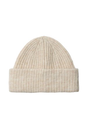 Beanie lavorato a maglia in un beige chiaro, caratterizzato da una texture a coste, con risvolto e un design della corona senza cuciture. Materiale morbido in misto lana.