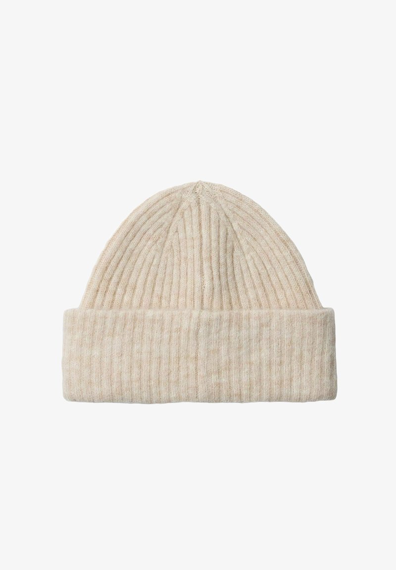 Strickmütze in hellem Beige, mit geripptem Muster, umgeschlagenem Bund und nahtlosem Oberteil. Weiches Wollmischmaterial.