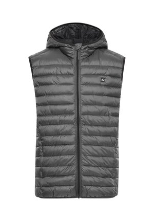 Graue gesteppte ärmellose Weste mit Kapuze, durchgehendem Reißverschluss vorne und kleinem quadratischem Logo auf der Brust.