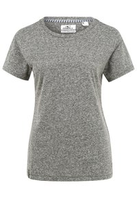Šedé tričko s kulatým výstřihem, krátké rukávy, vyrobené ze smíšené tkaniny, s melírovanou strukturou a jemným logem poblíž lemování.