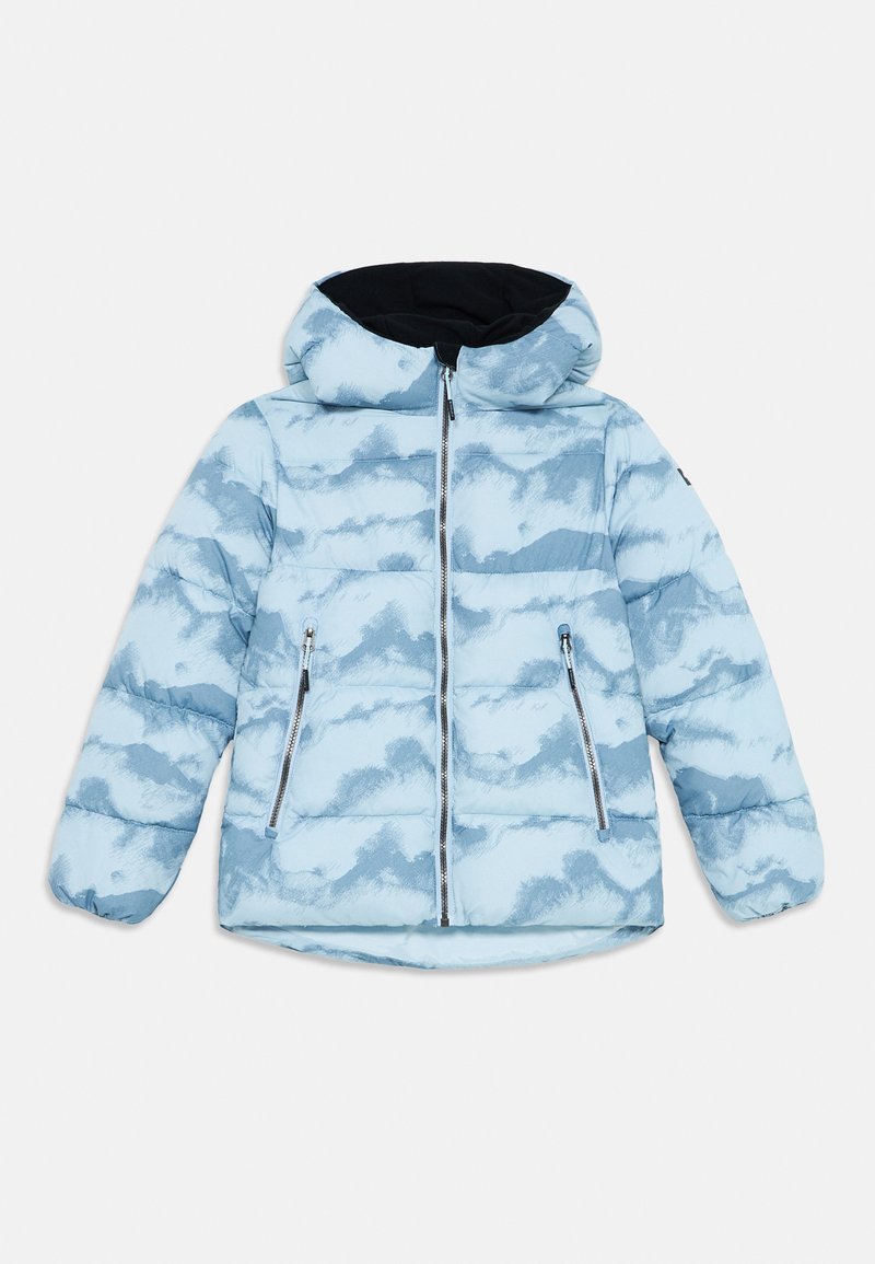 Svijetloplavi jastučićasti kaput s uzorkom oblaka, kapuljača, prednji zatvarač i dva bočna džepa sa zatvaračima. Mekana tekstura i ležeran kroj.