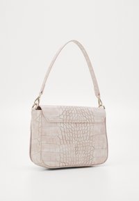 Crocodile-embossed pale pink handbag with a structured shape, flat top flap, and a single shoulder strap. Gold-tone hardware accents.