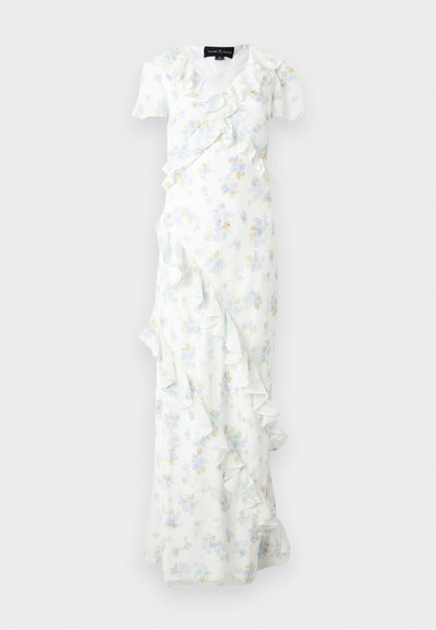 Λευκό μάξι φόρεμα με κοντά μανίκια, μπλε και κίτρινο λουλουδάτο μοτίβο και καταρρακτώδη βολάν μπροστά και στο τελείωμα.
