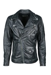 Schwarze Leder-Motorradjacke mit asymmetrischem Reißverschluss, zwei Fronttaschen und Schulterklappen. Strukturierte Oberfläche mit sichtbaren Nähdetails.