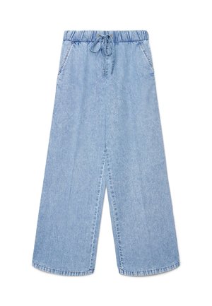 Pantaloni in denim azzurro chiaro a gamba larga con vita elasticizzata, chiusura con coulisse e due tasche laterali. Tessuto morbido, senza motivi visibili.