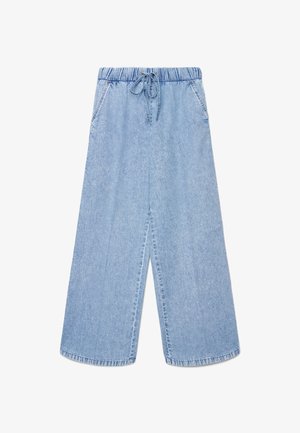 Pantaloni in denim azzurro chiaro a gamba larga con vita elasticizzata, chiusura con coulisse e due tasche laterali. Tessuto morbido, senza motivi visibili.