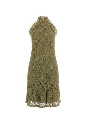 Olivroheline pitsist halter kleit, millel on tekstuuriga laineline muster, kaunistatud äärtega kaelus ja flared alumine äär, millel on konksudega ääred.