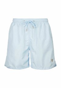Helle blaue Badeshorts aus leichtem Gewebe, mit elastischem Bund und Kordelzug sowie einem kleinen Emblem an der unteren Seite.