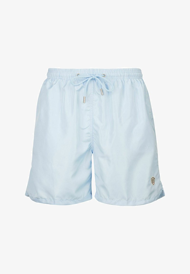 Helle blaue Badeshorts aus leichtem Gewebe, mit elastischem Bund und Kordelzug sowie einem kleinen Emblem an der unteren Seite.