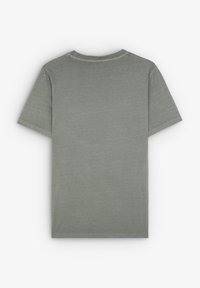 Grå bomulds t-shirt, korte ærmer, rund hals, glat tekstur, enkelt design, ingen synlige mønstre eller accenter, vist fra ryggen.