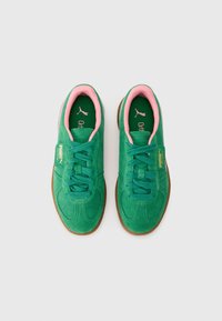 Grønne semskede sneakers med rosa innerfor, med en teksturert overflate, flate snørebånd og en såle av gummigummi. Gullmerke på siden.