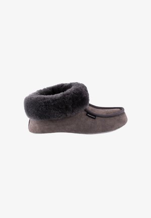 Morbida pantofola in camoscio grigio con bordo in pelliccia spessa grigio scuro e tacco basso, progettata per calore e comfort indoor.