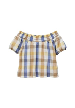 Blouse en coton bardot avec un col shirr, des manches bouffantes courtes et un motif à carreaux bleu, jaune et marron.