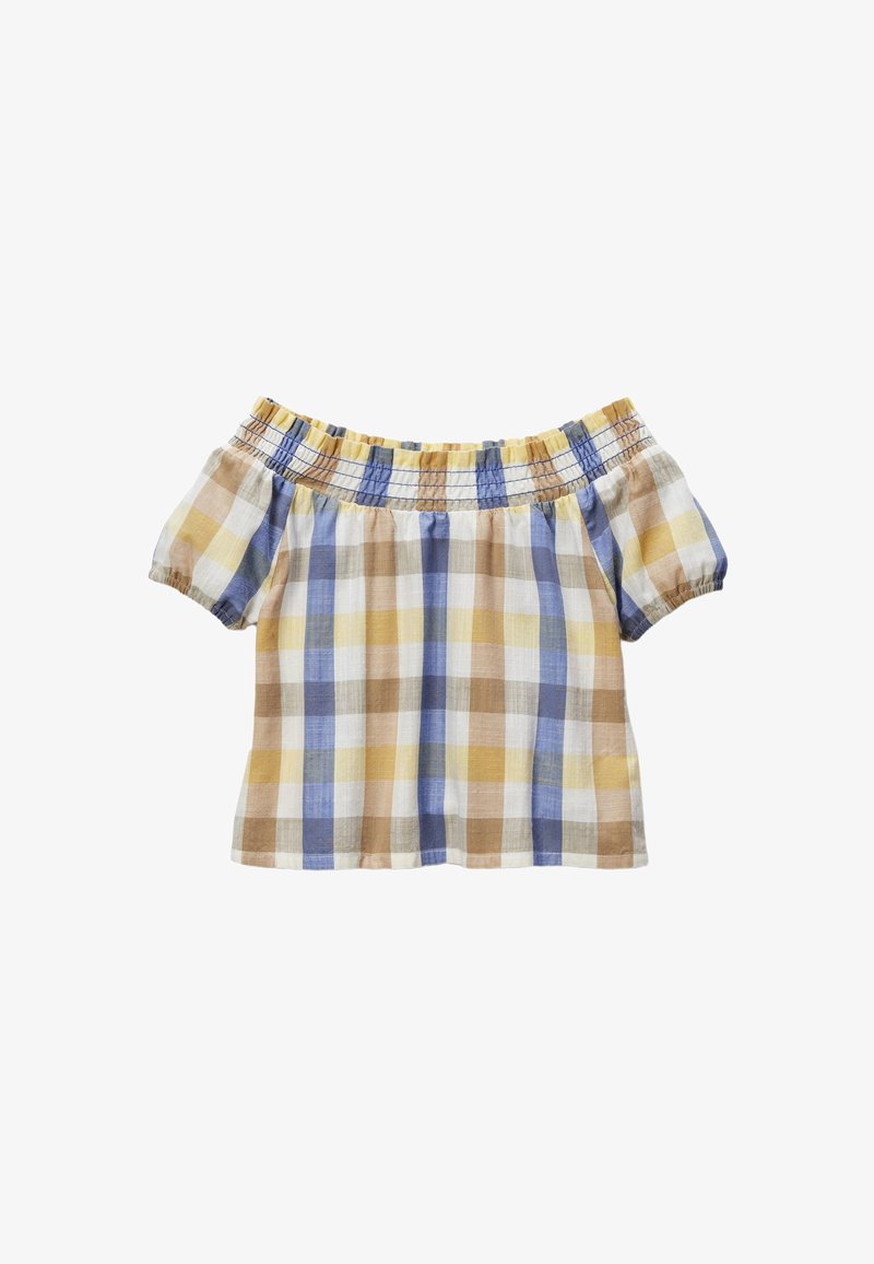 Blouse en coton bardot avec un col shirr, des manches bouffantes courtes et un motif à carreaux bleu, jaune et marron.
