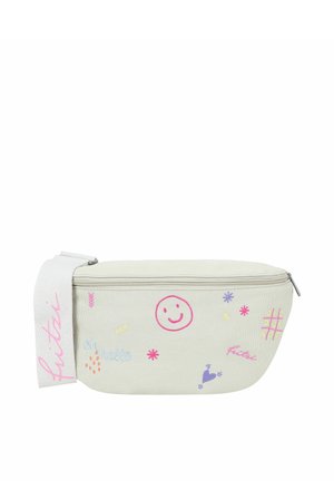 Beige Stoff-Gürteltasche mit farbig gesticktem Smiley-Gesicht, Herzen, Sternen, Tic-Tac-Toe und den Worten "oh hello" und "tutzi" auf der Vorderseite.