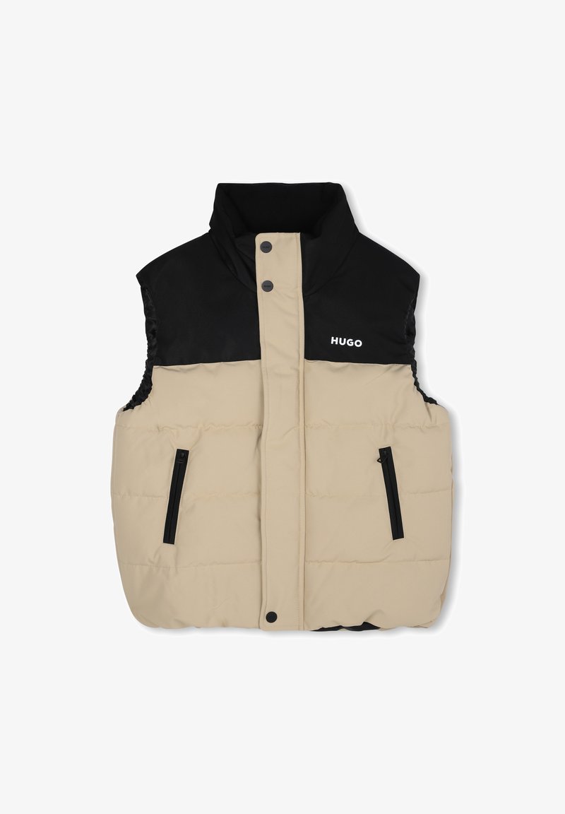 Puffer vest met een zwart bovenstuk en een beige onderstuk. Beschikt over een hoge kraag, twee ritszakken en het "HUGO" logo op de borst.