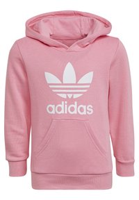 Felpa rosa realizzata in morbido cotone. Presenta una tasca frontale, polsini a coste e un logo Adidas bianco sul petto.