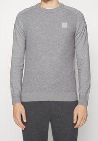 Pull en maille grise à manches longues avec un col rond et des poignets côtelés. Présente un petit patch logo en tissu sur la poitrine. Texture lisse.