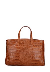 Borsa tote in pelle marrone con texture coccodrillo, dotata di due manici robusti e una forma strutturata. Nessun ulteriore hardware o dettagli decorativi.