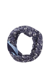 Circular scarf made of soft fabric, featuring a navy background with repeated light logo patterns, and a contrasting light blue edge.