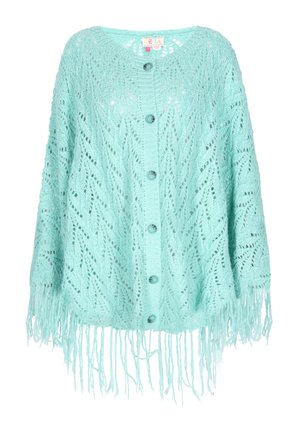 Mintgroene gebreide cardigan met een kanten patroon, voorzien van een ronde halslijn, vijf knopen en franjes aan de onderkant.
