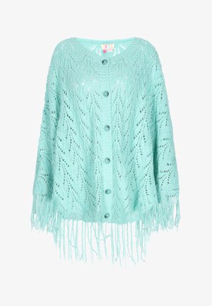 Menta zöld kötött kardigán csipke mintával, kerek nyakkivágással, öt gombbal és bojt részletekkel az alján.