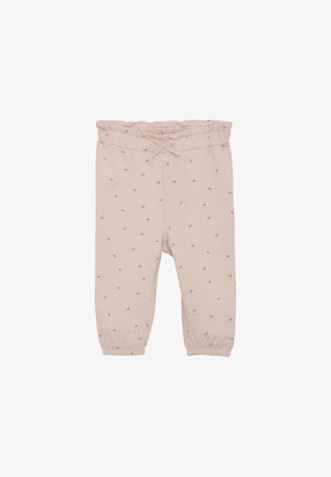 Lichtroze broek van katoen, met een trekkoord in de taille en verspreide kleine bloemenpatronen. Elastische boorden bij de enkels.