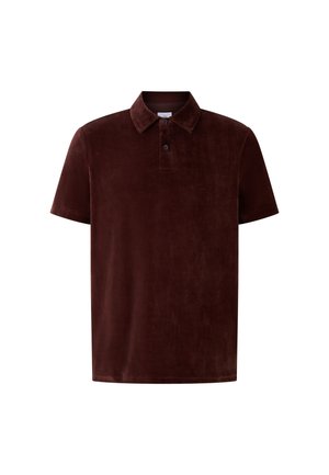 Kortærmet polo shirt i mørkebrun fløjl. Har en klassisk krave, to-knaps lukning og en blød, glat tekstur.