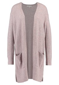 Cardigan rose clair en tissu doux, avec une ouverture à l'avant, deux poches frontales, des poignets côtelés et des fentes latérales pour plus de confort.