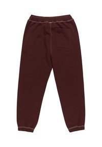 Bordeaux kleurige sweatpants van katoen met een elastische tailleband en boorden, voorzien van een enkele zak aan de achterkant en contrasterende witte stiksels.