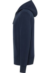 Marineblauer Hoodie mit einer Fronttasche, langen Ärmeln und einer Kapuze mit Kordelzug. Weiche Textur sowie gerippte Bündchen und Saum für eine eng anliegende Passform.