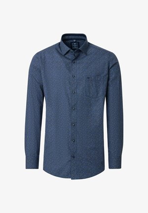 Herrenlangarmhemd in Marineblau mit kleinen Blumenmustern, Brusttasche, klassischem Kragen und tailliertem Schnitt.