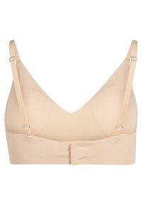 Beige wireless bra with soft, smooth fabric, triangular cups, adjustable straps, and a hook-and-eye closure at the back.