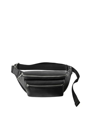 Schwarze Leder-Gürteltasche mit zwei Reißverschlussfächern und verstellbarem Riemen vor weißem Hintergrund.