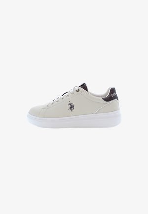 Lichtbeige sneakers met witte zool, van leermateriaal, ronde neus en platte veters. Kenmerkt een donkerbruin accent op de hiel en logo-detail op de zijkant.